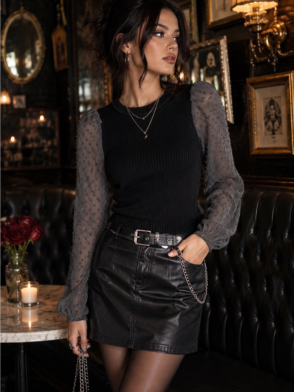 Madden Girl Black Sheer Swiss Dot Sleeve Knit Top Small Puff Sleeve Goth